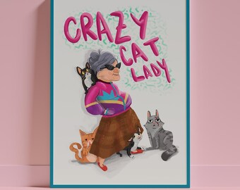 Crazy Cat Lady Illustration, Quirky Cat Lover Art, Hand-Drawn Whimsical Decor (Digital Download)