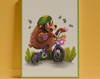 Bear on Bicycle Nursery Print, Whimsical Woodland Animal Art (Digital Download)