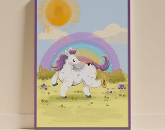Whimsical Unicorn Nursery Print, Rainbow Kids Room Decor, Hand-Drawn Illustration (Digital Download)