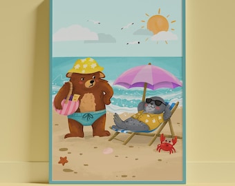 Bear Beach Art, Whimsical Nursery Print, Summer Kids Room Decor (Digital Download)