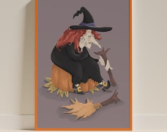 Funny Witch Wall Art Printable, Whimsical Halloween Illustration, Cozy Autumn Decor