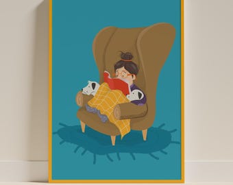 Cozy Reading Nook Print, Girl with Dogs, Book Lover Gift (Digital Download)