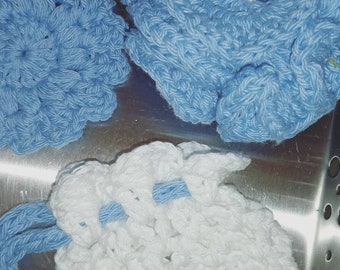 Crocheted 3 piece bath set, includes Loofah, Face Scrub and Roped Soap Holder