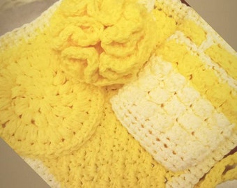 Crocheted Bath Set includes  Loofah, Face Scrub, Bath Mat, & Roped Soap Holder