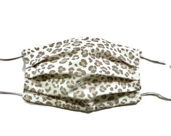 Beige Leopard Face Mask / 100% Cotton / White Adjustable Elastic & Nose Wire