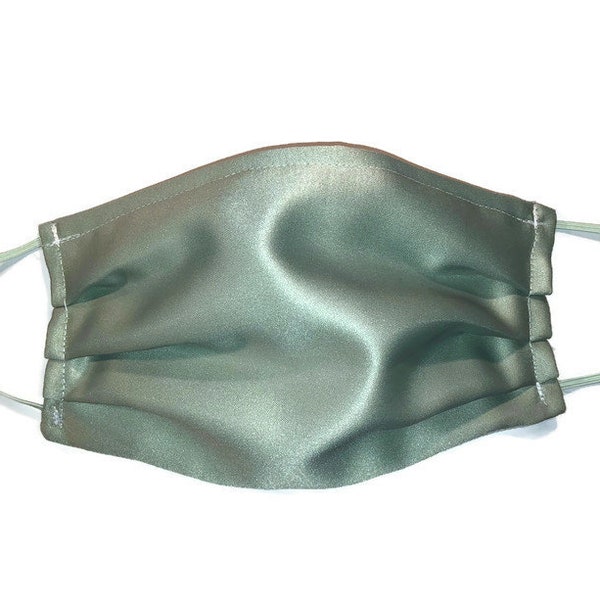 Sage Green Satin Matte Face Mask / Cotton Adjustable Elastic & Nose Wire