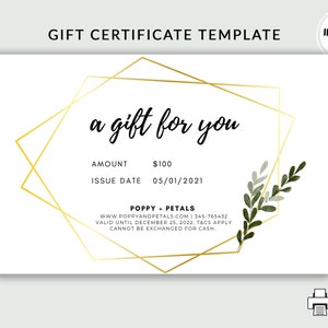 May include: A white gift certificate template with gold geometric accents and the text "a gift for you." The certificate includes the amount, issue date, and shop details. A floral design is on the right side. The words "Instant Download" are in the upper right corner.