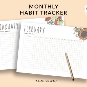 Daily Habit Tracker | Printable Monthly Habit Tracker Template | Floral Goal Planner | Goal Tracker | Goal List | A4, A5, US Letter