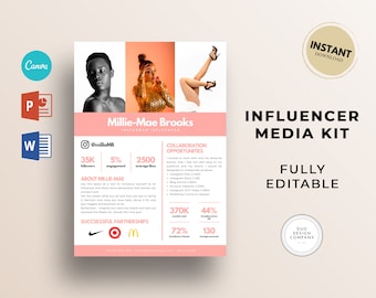 May include: A pink and white media kit template for an Instagram influencer named Millie-Mae Brooks. The template includes her Instagram handle, follower count, engagement rate, average likes, and a section about her collaboration opportunities. The template also includes a section about successful partnerships with brands like Nike, Target, and McDonald's.