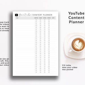 May include: A black and white printable YouTube content planner with a play button icon and the text "YouTube Content Planner". The planner has columns for title, drafted, filmed, edited, posted, and date. There are checkboxes for each column. The planner is designed to help you keep track of your YouTube videos.