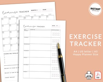 May include: Printable exercise tracker with a monthly calendar, weekly workout log, and space for goals, water intake, and weight tracking. The tracker is available in A4, US letter, and A5 sizes.