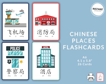 May include: A set of 26 Chinese place flashcards, printed on A6 paper (4.1 x 5.8 inches). The flashcards feature colorful illustrations of places like an airport, fire station, police station, and hotel, with Chinese characters and pinyin pronunciation.