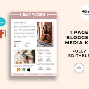 Blogger Media Kit Template | 1-page Fully Editable Media Kit Template | Canva, Microsoft Powerpoint Influencer Media Kit | Instant Download
