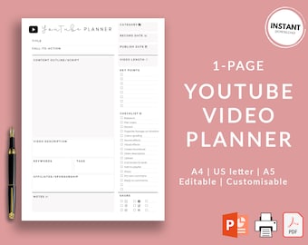 YouTube Video Planner | YouTube Video Checklist | Printable Vlog Checklist | Video Template | Customisable Video Checklist | YouTube Planner