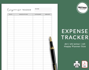 May include: A printable expense tracker with columns for date, description, category, and amount. The tracker is designed for use with a Happy Planner, A4, US letter, or A5 paper sizes.