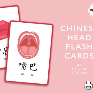 Body Parts Chinese Flash Cards | Printable Mandarin Head Flash Cards | Learn Simplified Chinese For Kids | Chinese Flashcards for Kids