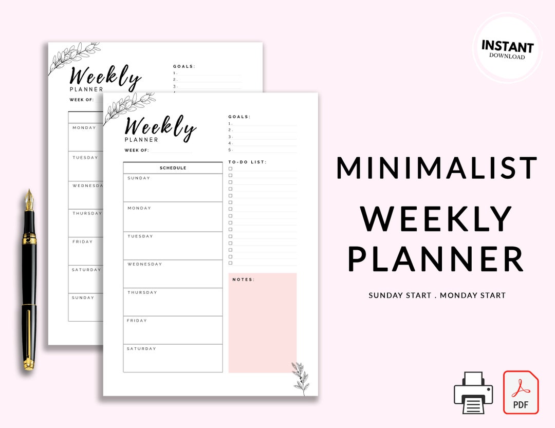 Printable Weekly Planner | Minimalist Weekly Planner | Sunday Monday ...