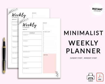 Printable Weekly Planner | Minimalist Weekly Planner | Sunday Monday Start Weekly Planner | PDF Weekly Planner | Goal Planner |  To-do list