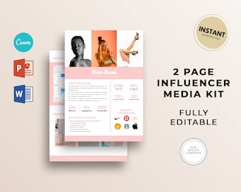 May include: A pink and white two-page media kit for an influencer named Elsie-Rose. The kit includes information about her Instagram following, engagement rate, average likes, previous partnerships, and a call to action to work together. The kit is fully editable.