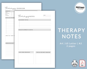 Therapy Notes | Printable Therapy Overview and Notes Insert | Therapy Planner Insert | Therapy Session Notes | Counselling Session Notes