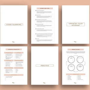 May include: A printable worksheet with tips for growing an Etsy account. The worksheet includes sections for story planning, story tips, growth checklist, analysis, and PDCA cycles. The worksheet is designed to help Etsy sellers grow their business.