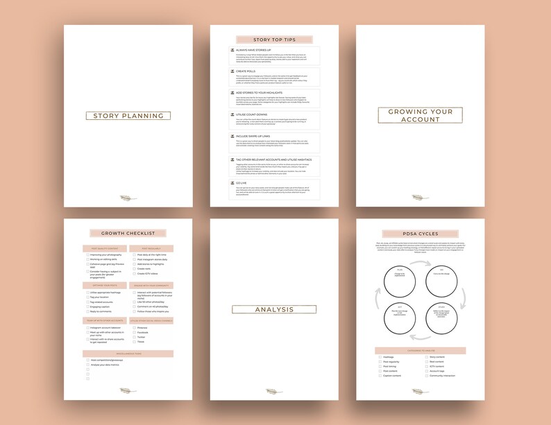 May include: A printable worksheet with tips for growing an Etsy account. The worksheet includes sections for story planning, story tips, growth checklist, analysis, and PDCA cycles. The worksheet is designed to help Etsy sellers grow their business.