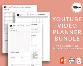 Youtube Planner | Printable Youtube Organiser | How To Plan YouTube Videos | Downloadable YouTube Planner Bundle | Editable Vlog Planner