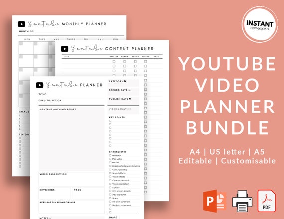 Youtube Planner | Printable Youtube Organiser | How To Plan YouTube Videos | Downloadable YouTube Planner Bundle | Editable Vlog Planner