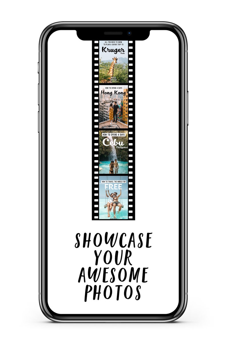 May include: A black smartphone with a white screen displaying a mockup of a travel blog. The screen shows four images of different travel destinations, each with a title and location. The text "SHOWCASE YOUR AWESOME PHOTOS" is displayed at the bottom of the screen.