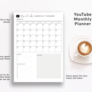 May include: A printable YouTube monthly planner with a calendar grid, goal setting section, to-do list, and notes area. The planner is designed for content creators and includes the text "YouTube Monthly Planner".