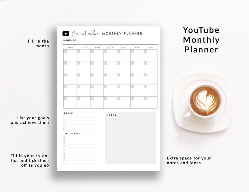 May include: A printable YouTube monthly planner with a calendar grid, goal setting section, to-do list, and notes area. The planner is designed for content creators and includes the text "YouTube Monthly Planner".