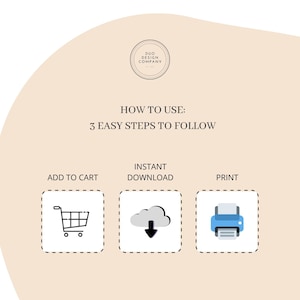 May include: A graphic showing three steps to download and print a digital product: add to cart, instant download, and print. The graphic features a shopping cart, a cloud with a download arrow, and a printer.