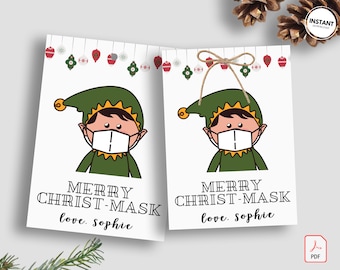 Editable Printable Elf Mask Christmas Gift Tag | Elf Wearing Mask Gift Tag | Merry Christmask Present Label | Humorous Gift Tag | Funny Gift