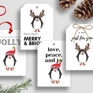 Afdrukbare kerstcadeaukaartjes | Pinguïn kerstlabels | Set van 4 | Digitale download | PDF-cadeaukaartje | Tagsjabloon | Kerstcadeau-decor