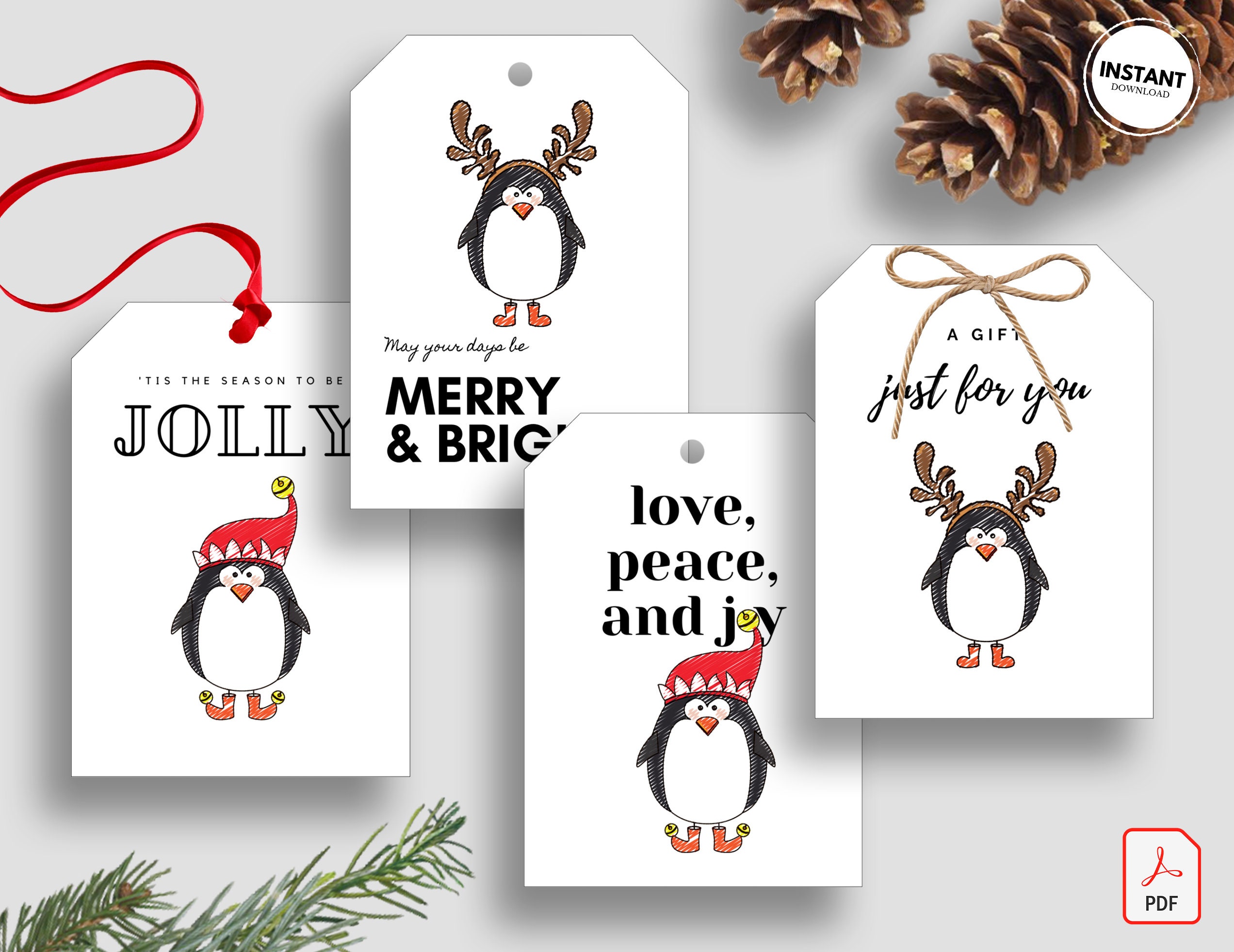 9 Playful Penguins Christmas Gift Tags with String