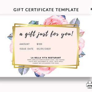 Gift Certificate Template |  Printable Editable Gift Certificate | Gift Card Template | DIY Gift Card | Floral Gift Voucher