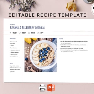 Könnte beinhalten: Druckbare Rezeptvorlage für Bananen-Blaubeer-Haferflocken. Die Vorlage enthält eine Zutatenliste, Anweisungen und ein Foto des fertigen Gerichts.