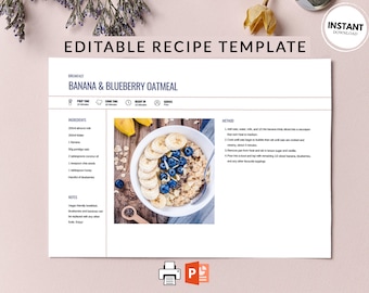 Editable Printable Recipe Template | Landscape Recipe Template | Recipe Card Template | Minimalist Microsoft Powerpoint Recipe Template