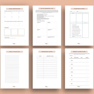 May include: A printable planner with pages for daily to-do lists, important dates, weekly story plans, page inspiration, hashtag lists, and curating a post. The planner has a minimalist design with a feather graphic on each page.