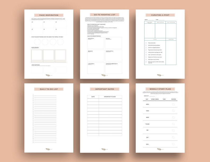 May include: A printable planner with pages for daily to-do lists, important dates, weekly story plans, page inspiration, hashtag lists, and curating a post. The planner has a minimalist design with a feather graphic on each page.