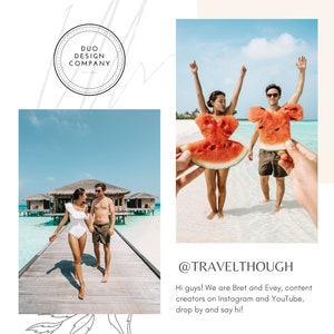 May include: A couple walks hand-in-hand on a wooden walkway over turquoise water. They are wearing white and green clothing. The background shows a tropical island with palm trees and overwater bungalows. The text "@TRAVELTHOUGH" is displayed below the image. The text "Hi guys! We are Bret and Evey, content creators on Instagram and YouTube, drop by and say hi!" is also displayed below the image.