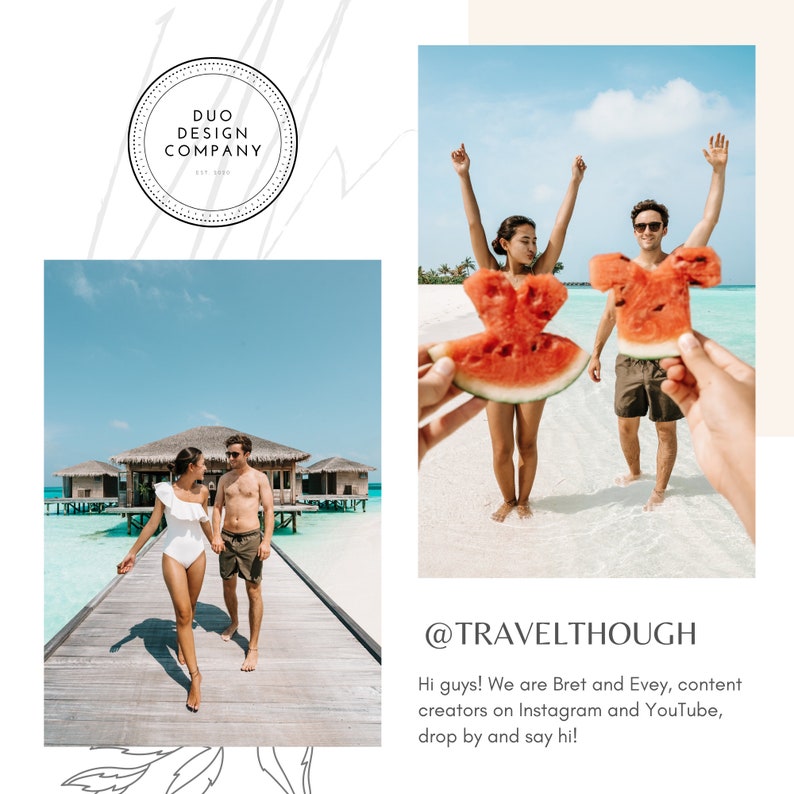 May include: A couple walks hand-in-hand on a wooden walkway over turquoise water. They are wearing white and green clothing. The background shows a tropical island with palm trees and overwater bungalows. The text "@TRAVELTHOUGH" is displayed below the image. The text "Hi guys! We are Bret and Evey, content creators on Instagram and YouTube, drop by and say hi!" is also displayed below the image.