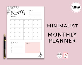 Minimalist Monthly Planner | Printable Monthly Planner | Instant Download PDF Monthly Planner | Fillable Planner |  A4, A5, US Letter