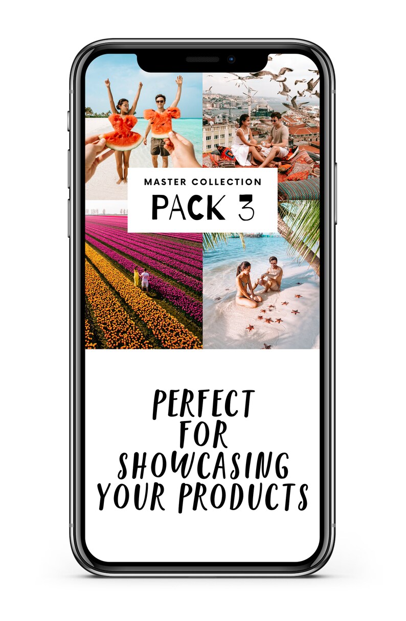 May include: A phone screen displaying a collage of four images. The images show a couple in a variety of settings, including a beach, a field of flowers, and a city. The text "MASTER COLLECTION PACK 3" is displayed in the center of the screen. The text "PERFECT FOR SHOWCASING YOUR PRODUCTS" is displayed at the bottom of the screen.