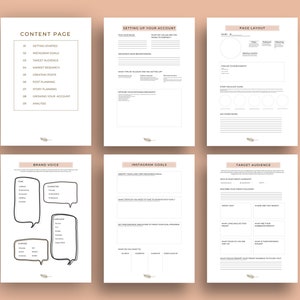 May include: A printable worksheet with sections for planning an Instagram account. The sections include: Content Page, Setting Up Your Account, Page Layout, Brand Voice, Instagram Goals, and Target Audience.