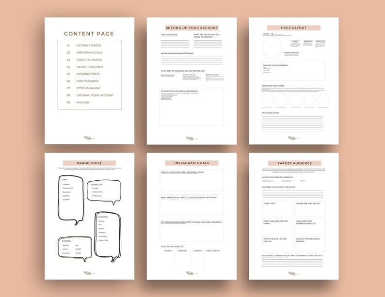 May include: A printable worksheet with sections for planning an Instagram account. The sections include: Content Page, Setting Up Your Account, Page Layout, Brand Voice, Instagram Goals, and Target Audience.