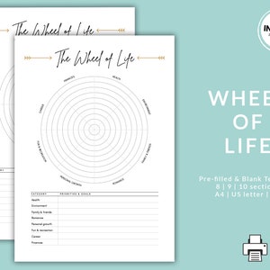 Printable Wheel of Life Template | Pre-filled and Blank Wheel of Life Templates | PDF Life Balance Wheels | A4 | A5 | US Letter