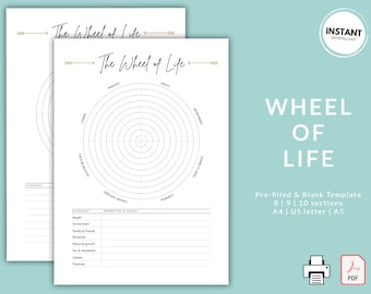 Printable Wheel of Life Template | Pre-filled and Blank Wheel of Life Templates | PDF Life Balance Wheels | A4 | A5 | US Letter