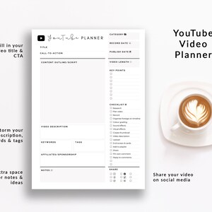 May include: A black and white printable YouTube video planner with sections for title, call to action, content outline, video length, key points, video description, keywords, tags, affiliates/sponsorship, notes, checklist, and share. The planner also includes a section for brainstorming video descriptions, keywords, and tags.