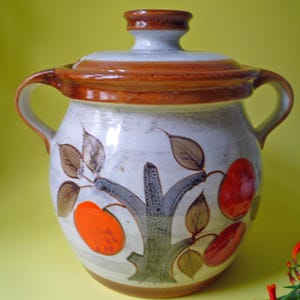 Può includere: Un vaso in ceramica con coperchio, base bianca, bordo e manici marroni e arancioni. Il vaso presenta un disegno dipinto a mano di un albero con foglie marroni e frutti arancioni e rossi. Un oggetto da cucina decorativo.